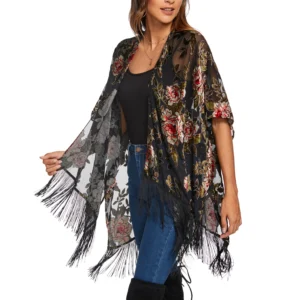 Kimono fleuri léger avec franges pour femme