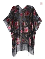 Veste kimono femme à motifs floraux et franges