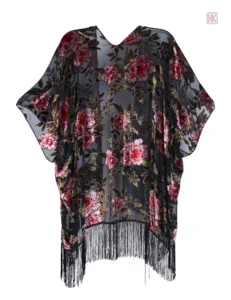 Veste kimono femme à motifs floraux et franges