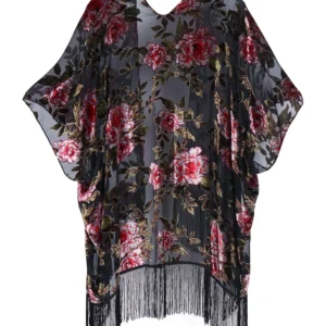 Veste kimono femme à motifs floraux et franges