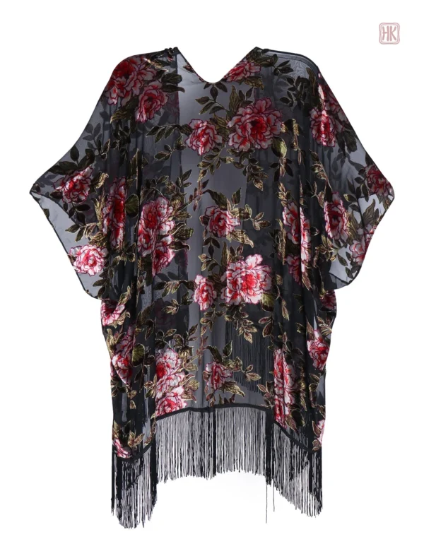 Veste kimono femme à motifs floraux et franges