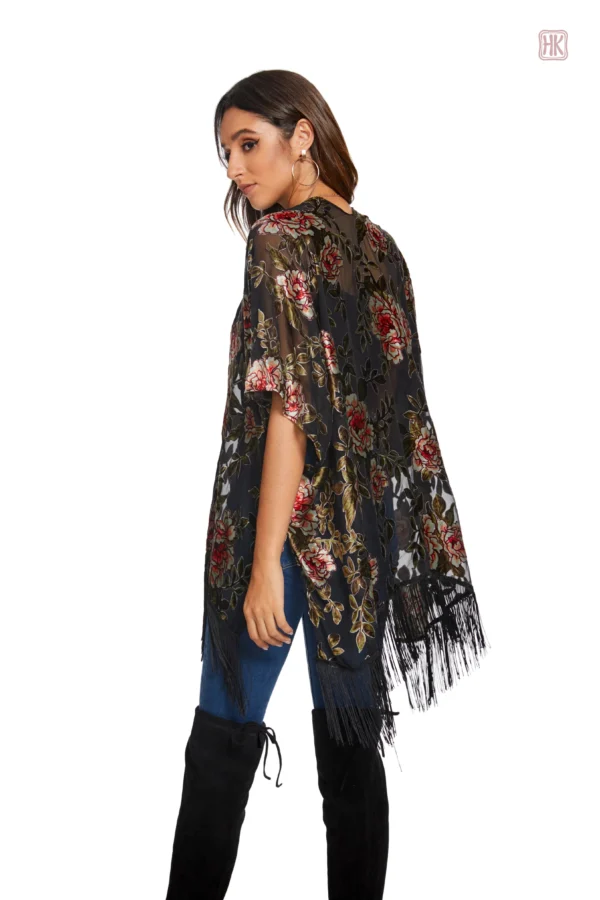 Kimono léger à franges, style floral féminin