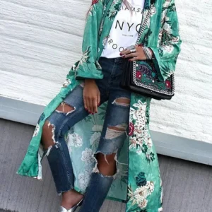 Kimono fleuri long à fente