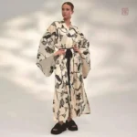 Kimono fleuri long noir et blanc