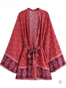 Veste kimono à motifs floraux, longueur mi-longue