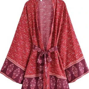 Veste kimono à motifs floraux, longueur mi-longue