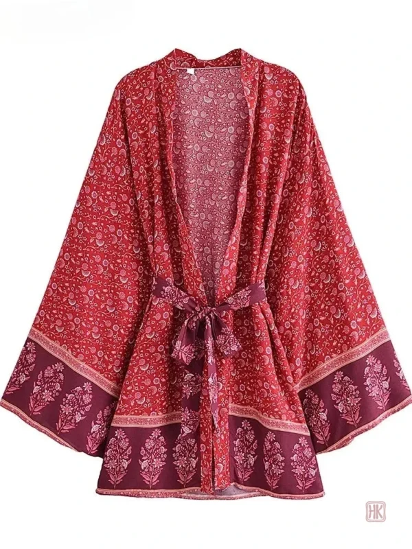 Veste kimono à motifs floraux, longueur mi-longue