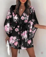 Kimono fleuri noir pour femme
