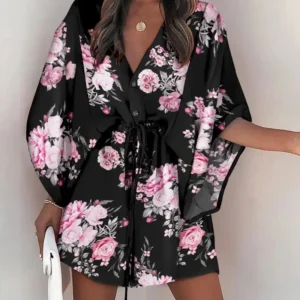 Kimono fleuri noir pour femme