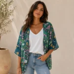 Kimono fleuri vert pour femme, élégant et léger