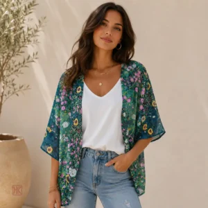 Kimono fleuri vert pour femme, élégant et léger
