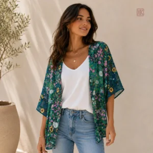 Veste kimono femme à motif floral vert, style décontracté