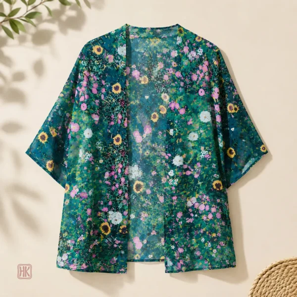 Kimono vert fleuri, parfait pour les journées ensoleillées