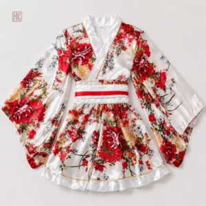 Robe Kimono avec motifs floraux rouges sur fond blanc