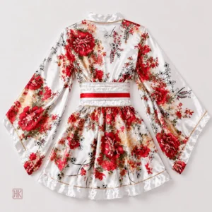 Vêtement traditionnel japonais aux fleurs rouges et blanches