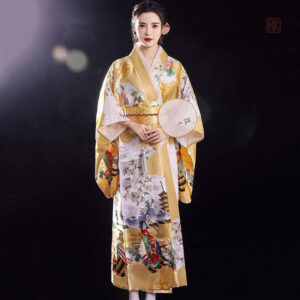 Kimono élégant en jaune vif, style traditionnel japonais