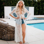 Kimono long blanc en dentelle pour femme