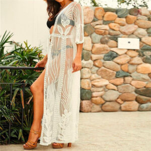 Kimono long en dentelle blanche pour femme