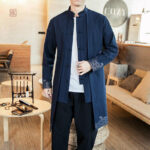 Kimono long homme bleu en tissu léger