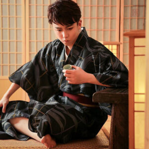 Kimono long noir pour homme, style japonais