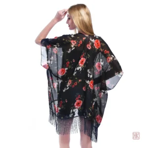 Kimono noir fleuri mi-long pour femme