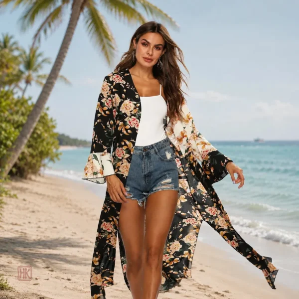 kimono-noire-fleurie-a-fentes-1 Kimono Noir à Fentes avec Motifs Fleuris pour Femme