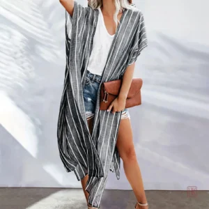 Kimono gris rayé pour femme, style plage élégant