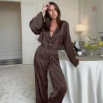 Kimono pyjama marron satiné pour femme