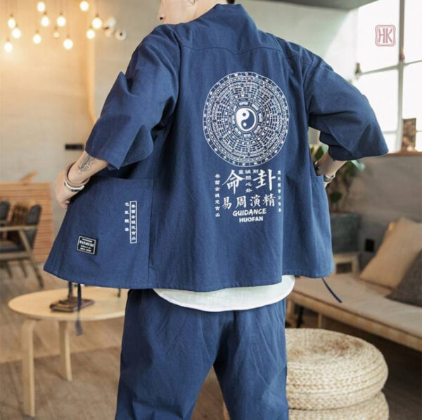 Kimono homme, motifs bleu et blanc, parfait pour l'été