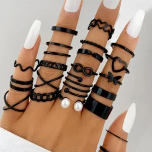 Lot de bagues noires au style punk pour femme tendance