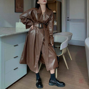 Manteau cuir marron femme style kimono