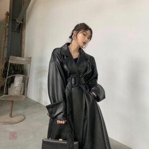 Manteau kimono noir en cuir pour femme