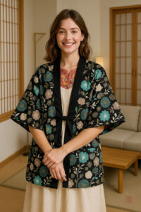 Manteau Kimono Fluide Bleu et Noir pour femme