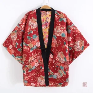 Manteau femme rouge à motifs floraux