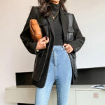 Manteau cuir noir femme en style kimono