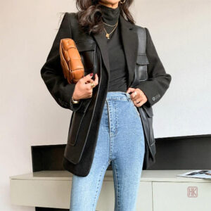 Manteau cuir noir femme en style kimono