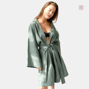 Peignoir court femme vert kimono
