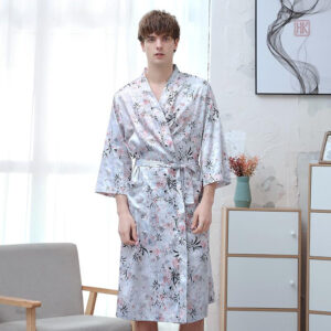 Peignoir kimono blanc fleuri pour homme