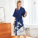 Peignoir Kimono Bleu avec motifs de grues