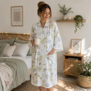 Peignoir kimono confortable à feuillages pour femme