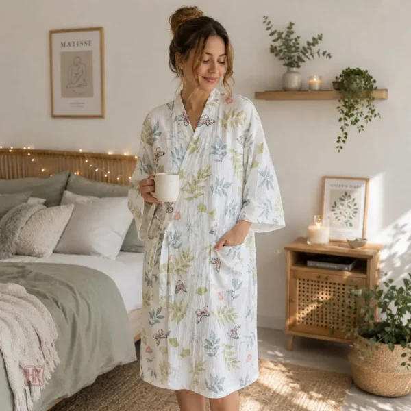 peignoir-kimono-confortable-a-feuillages-1 Peignoir kimono confortable à feuillages pour femme