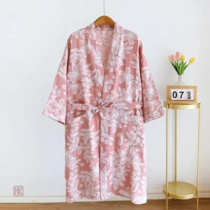 Peignoir léger en coton, style kimono, couleur rose
