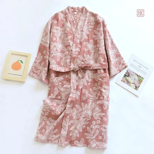 Gaze de coton doux, peignoir kimono féminin, rose pastel