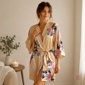 Peignoir kimono jaune fleuri pour femme
