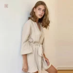 Peignoir kimono beige manches courtes pour femme