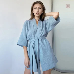 Peignoir kimono bleu à manches courtes pour femme