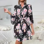 Peignoir Kimono Noir à Fleurs Sexy pour femme