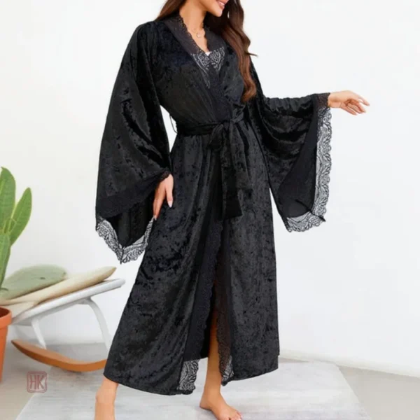 Peignoir Velours Noir Style Kimono Élégant