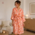 Peignoir Kimono Orange en Coton avec motifs feuillagés