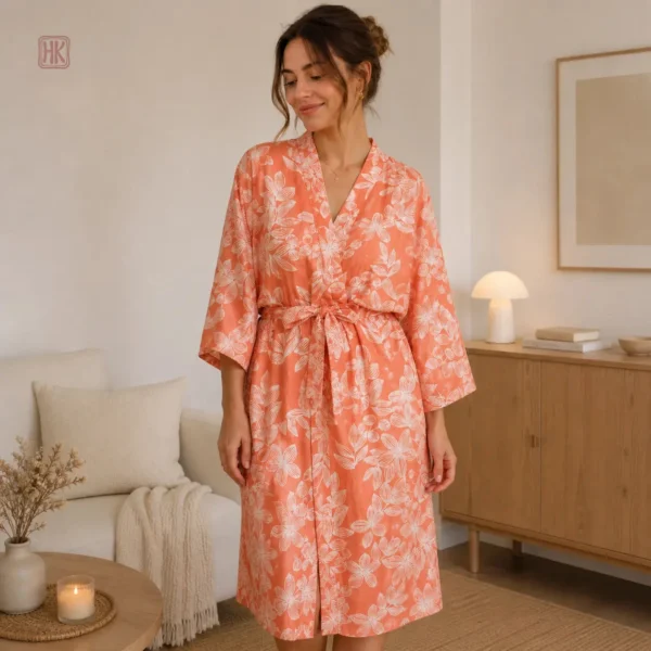 peignoir-kimono-orange-en-coton-a-feuillages-1 Peignoir Kimono Orange en Coton avec motifs feuillagés